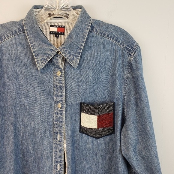 Tommy Hilfiger | VTG Y2K Denim Button-down Top SZ 14 - Picture 2 of 5